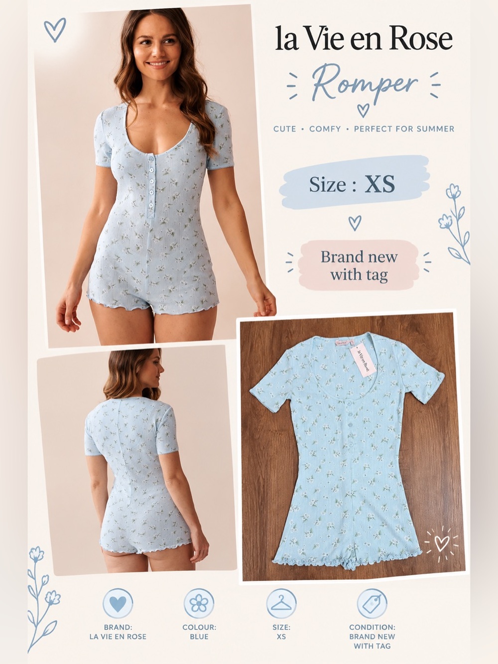 La Vie En Rose Light Blue Floral Romper - XS